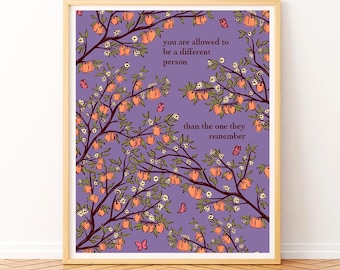 Botanical Art Print: Blooming Peach Branches, Butterflies, Encouraging Quote (Digital Download)