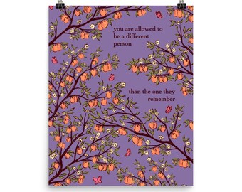 Empowering Peach Butterfly Art Print, Vintage Storybook Style, Lavender Botanical Wall Decor