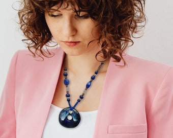 Bohemian Navy Blue Porcelain Ceramic Pendant Necklace, Hand Painted Beaded Statement Chunky Necklace, Boho Fashion Jewelry Gift For Women