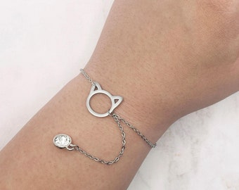 Cat Charm Bracelet with Crystal Pendant, Stainless Steel Kitten Adjustable Chain Bracelet Anklet, Meow Purr Feline Kitty Lover Cat Lady Gift
