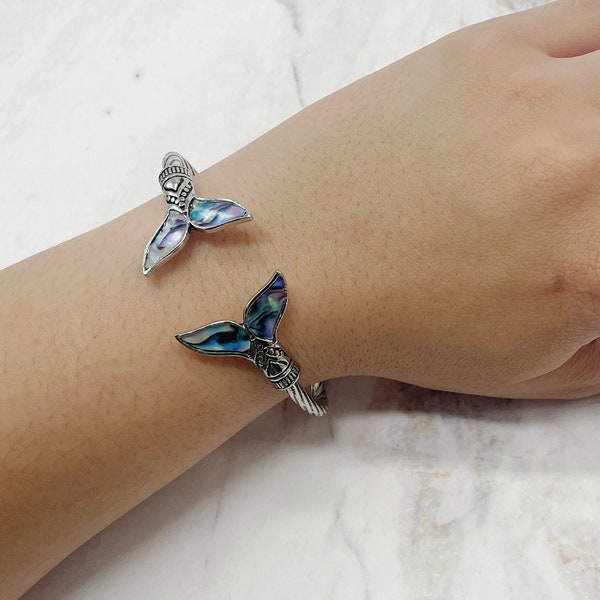 Mermaid Tail Bangle Bracelet with Blue Tail, The Little Mermaid Bracelet, Dolphin Whale Fish Siren Silver Jewelry Christmas Gift for Her