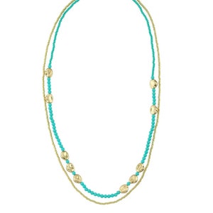 Aqua Blue and Gold Bead Necklace, Long Layering Necklace, 2 Layers Statement Necklace, Bohemian Jewelry, Fashion Jewelry, Gift For Her Women