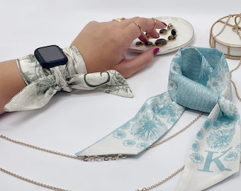 Personalized Name Initial Alphabet Wrap Scarf Band for Apple Watch, Print Ribbon Scarves. Series 3 4 5 6 7 8 9 38mm 40mm 41mm 42mm 44mm 45mm