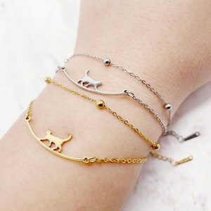 Cat Bracelet Double Chain, Kitten Lover Bracelet, Friendship Kitty Bracelet, Feline Cat Lady, Pet Cat Mom Gift, Meow Purr Gift for Cat Lover
