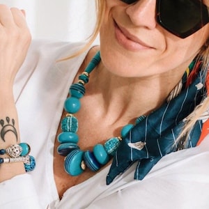 Turquoise Necklace Hand Painted Bead & Gold Plated, Teal Blue Boho Statement Chunky Necklace, Bohemian Jewelry, Fashion Jewelry Gift For Her