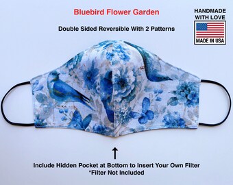 Bluebird Flower Floral Garden. Matching Adults & Kids Face Masks - Reversible, Washable, Reusable, with Pocket for Filter - Handmade in USA.