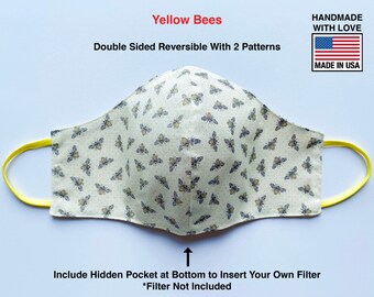 Yellow Honey Bees. Matching Adults and Kids Face Masks - Reversible, Washable, Reusable, Pocket for Filter - Handmade in USA. Queen Bee Gift