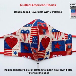 Quilted American Flag, Hearts, USA. Matching Adults and Kids Face Masks - Reversible, Washable, Reusable, Pocket for Filter -Handmade in USA