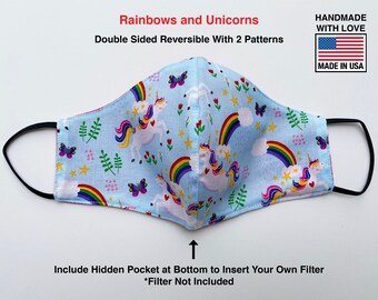 Rainbows and Unicorns. Matching Adults & Kids Face Masks - Reversible, Washable, Reusable, Pocket for Filter - Handmade in USA. Girly Masks.