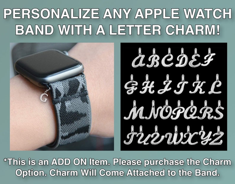 Pode incluir: Uma banda de rel&oacute;gio Apple preta com um charme de letra prateada anexado. O charme &eacute; a letra "G". A imagem tamb&eacute;m mostra uma sele&ccedil;&atilde;o de charmes de letras prateadas, incluindo as letras A a Z.