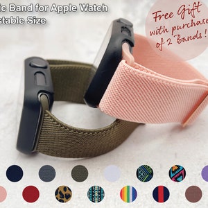 May include: Two Apple Watch bands, one green and one pink, are shown on a white surface. The bands are made of elastic material and have a woven texture. The text "Free Gift with purchase of 2 Bands!" is visible in the image. A variety of colours and patterns are shown in a row below the bands.