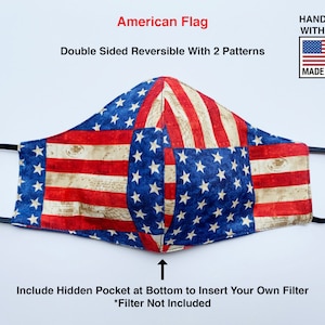 American Flag, Patriotic, USA. Matching Adults & Kids Face Masks - Reversible, Washable, Reusable, Pocket for Filter - Handmade in USA.