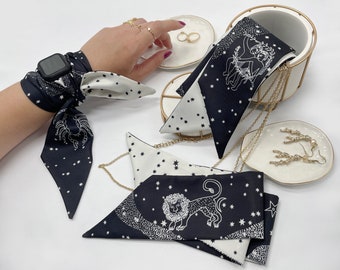 Personalized Zodiac Astrology Wrap Scarf Band for Apple Watch, Print Black Ribbon Scarf. Series 3 4 5 6 7 8 9, 38mm 40mm 41mm 42mm 44mm 45mm