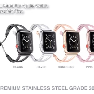 Bangle Cuff Bracelet Adjustable Stainless Steel Apple Watch Band, Silver Rose Gold Series 3 4 5 6 7 8 9 SE 38mm 40mm 41mm 42mm 44mm 45mm
