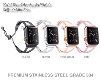 Bangle Cuff Bracelet Adjustable Stainless Steel Apple Watch Band, Silver Rose Gold Series 3 4 5 6 7 8 9 SE 38mm 40mm 41mm 42mm 44mm 45mm