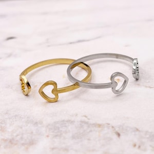 Double Heart Open Adjustable Stainless Steel Gold Ring, Stackable Twin Love Ring Heart Shaped Romantic Minimalist Jewelry Gift for Her Women