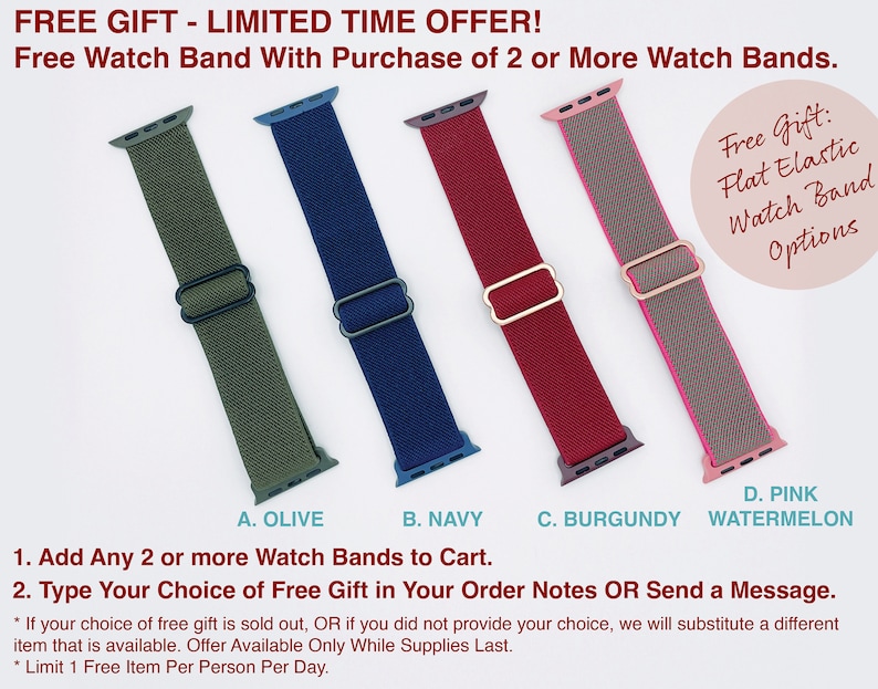Pode incluir: Quatro pulseiras de rel&oacute;gio de diferentes cores para Apple Watch. As pulseiras s&atilde;o verde oliva, azul marinho, vermelho bord&ocirc; e rosa e cinza. O texto na imagem diz "Presente gr&aacute;tis - Oferta por tempo limitado! Pulseira de rel&oacute;gio gr&aacute;tis na compra de 2 ou mais pulseiras de rel&oacute;gio. Presente gr&aacute;tis: Pulseira de rel&oacute;gio el&aacute;stica plana Op&ccedil;&otilde;es. A. Olive B. Navy C. Burgundy D. Pink Watermelon 1. Adicione 2 ou mais pulseiras de rel&oacute;gio ao seu carrinho. 2. Digite sua escolha de presente gr&aacute;tis nas notas do seu pedido OU envie uma mensagem. * Se sua escolha de presente gr&aacute;tis estiver esgotada, OU se voc&ecirc; n&atilde;o tiver fornecido sua escolha, substituiremos por um item diferente que esteja dispon&iacute;vel. Oferta dispon&iacute;vel apenas enquanto durarem os estoques. * Limite de 1 item gr&aacute;tis por pessoa por dia."