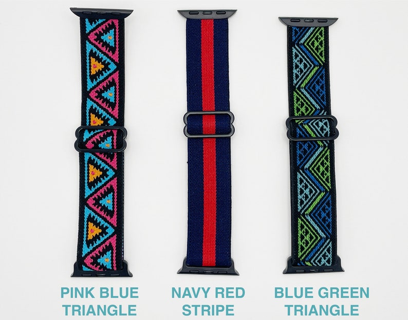 May include: Three Apple Watch bands with different patterns. The first band is pink, blue and yellow with a triangle pattern. The second band is navy blue and red with a stripe pattern. The third band is blue and green with a triangle pattern. The bands are all made of elastic material.