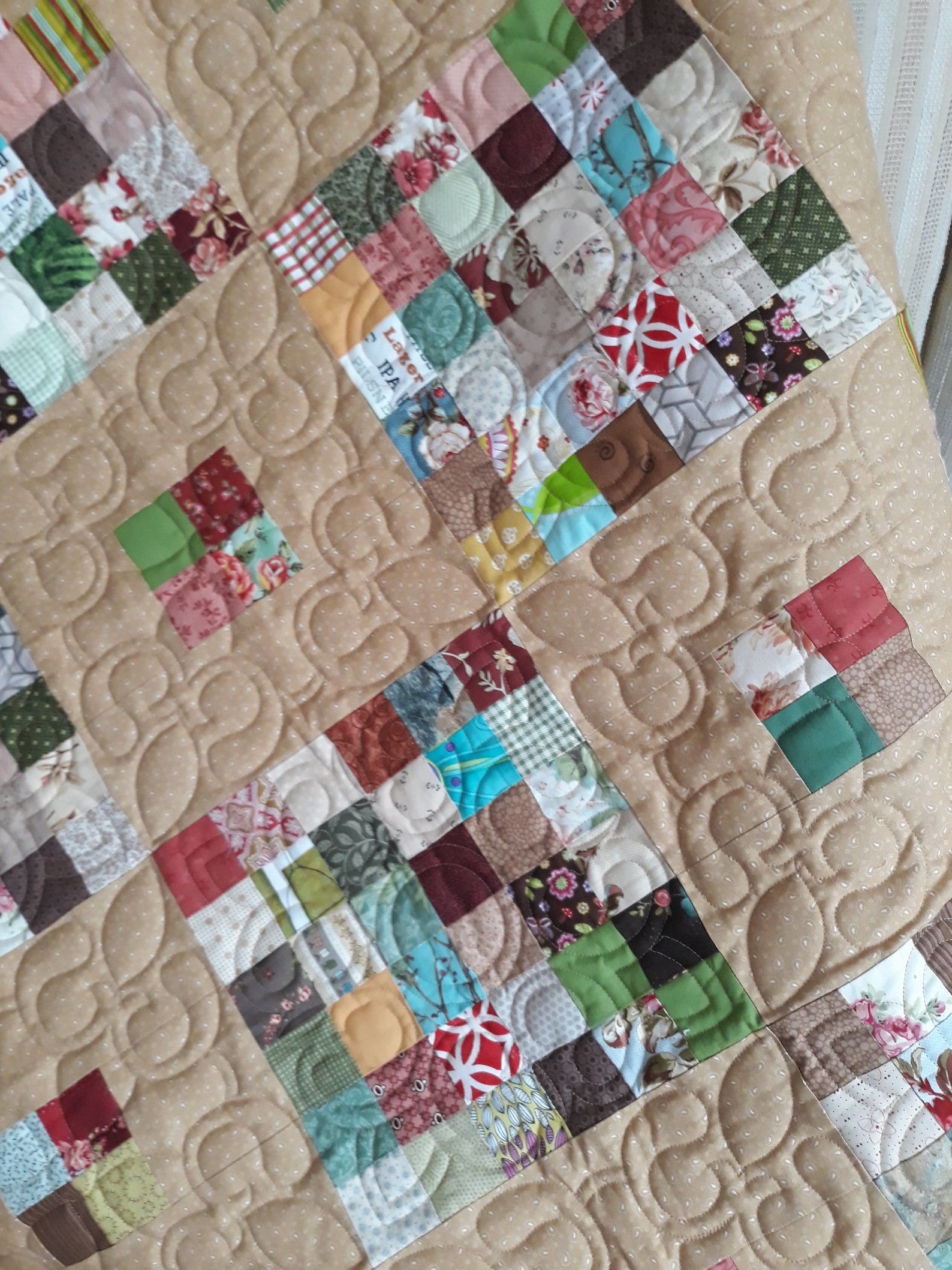 Handmade patchwork quilt for sale beige blanket queen size Etsy