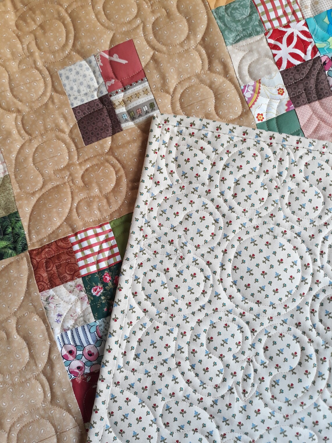 Handmade patchwork quilt for sale beige blanket queen size Etsy