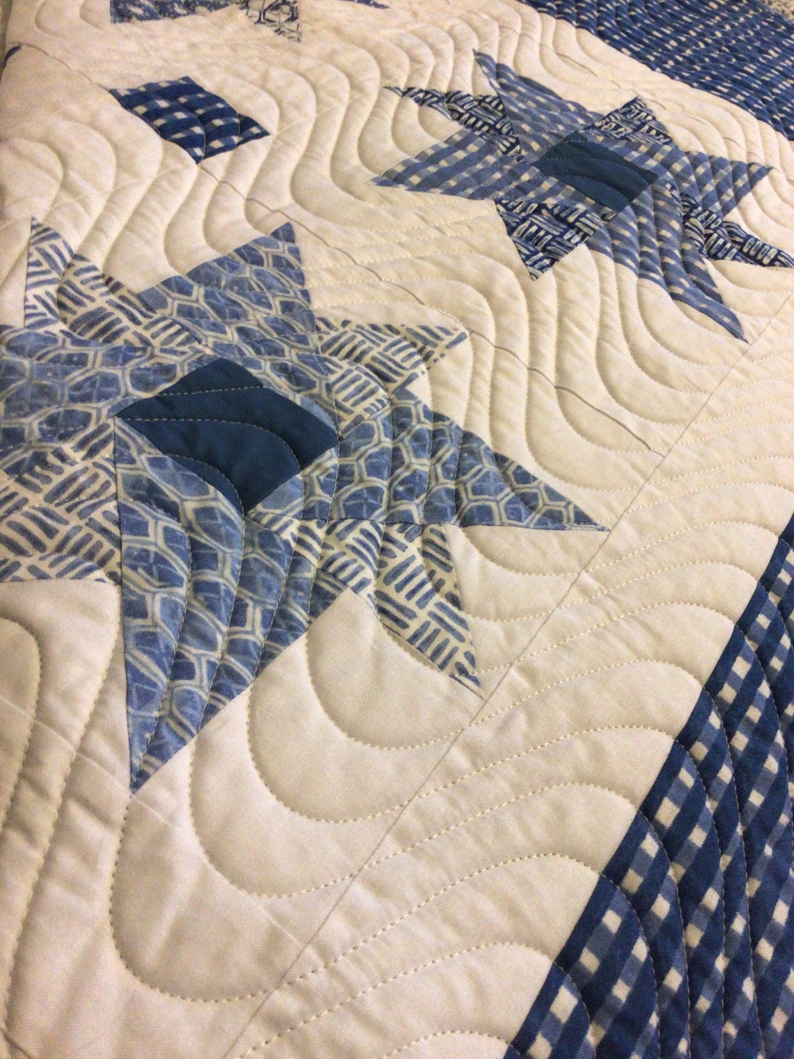 Blue stars quilt for sale queen size quilt handmade white Etsy