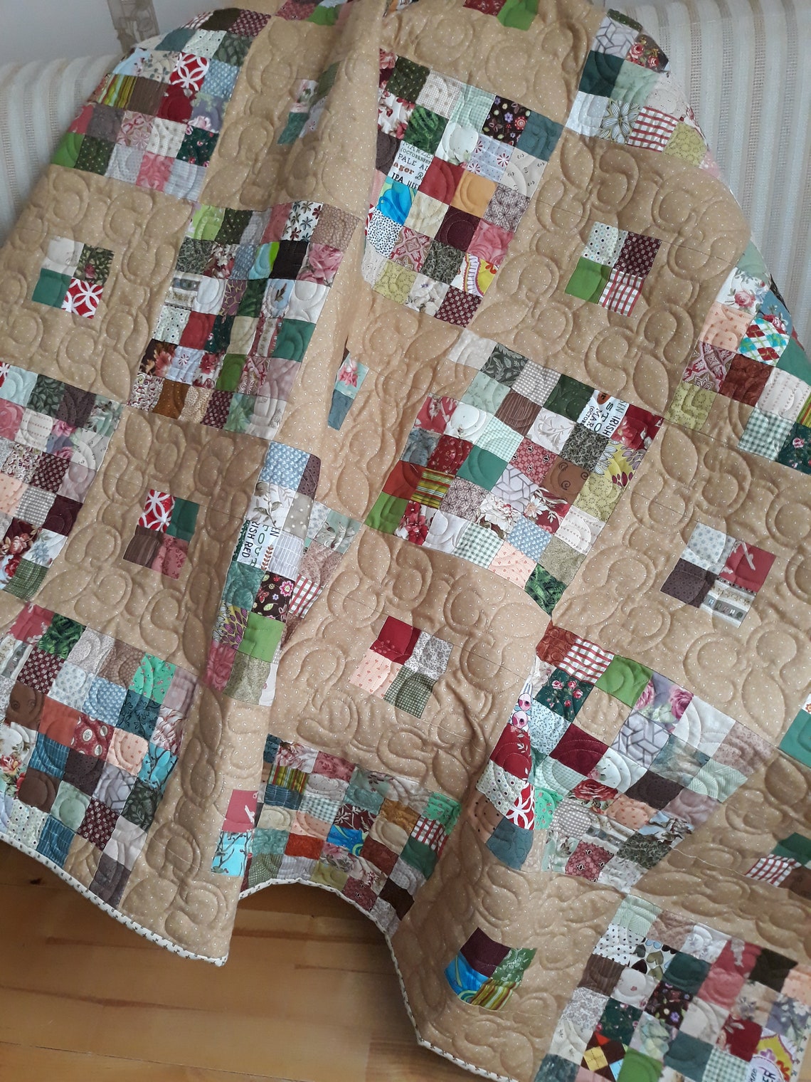 Handmade patchwork quilt for sale beige blanket queen size Etsy