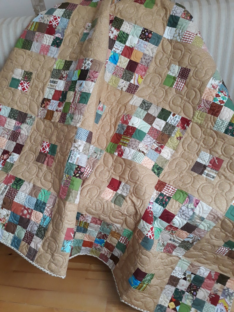 Handmade patchwork quilt for sale beige blanket queen size Etsy