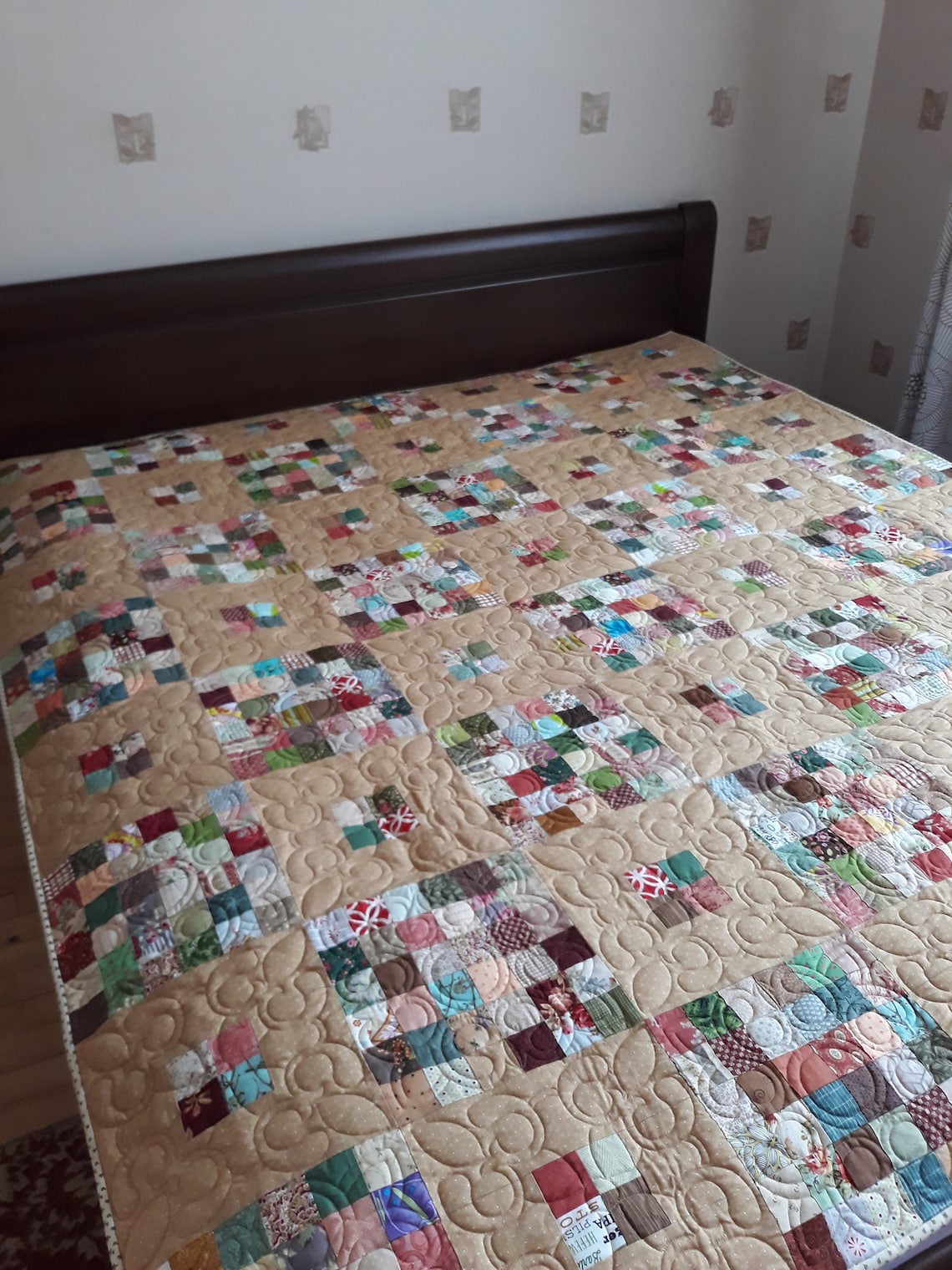 Handmade patchwork quilt for sale beige blanket double full Etsy