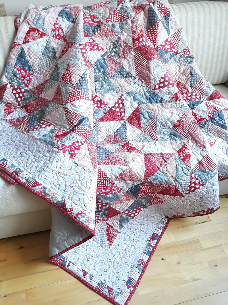 Red Quilt Queen Patchwork Blanket Rustic Gray Blanket Etsy