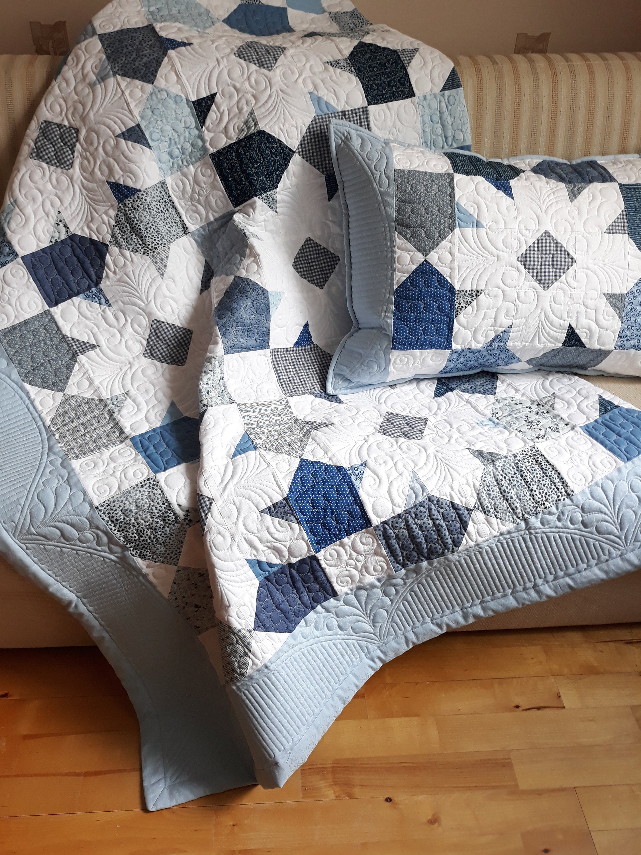Blue quilt king quilted bed set bedspread and two Etsy