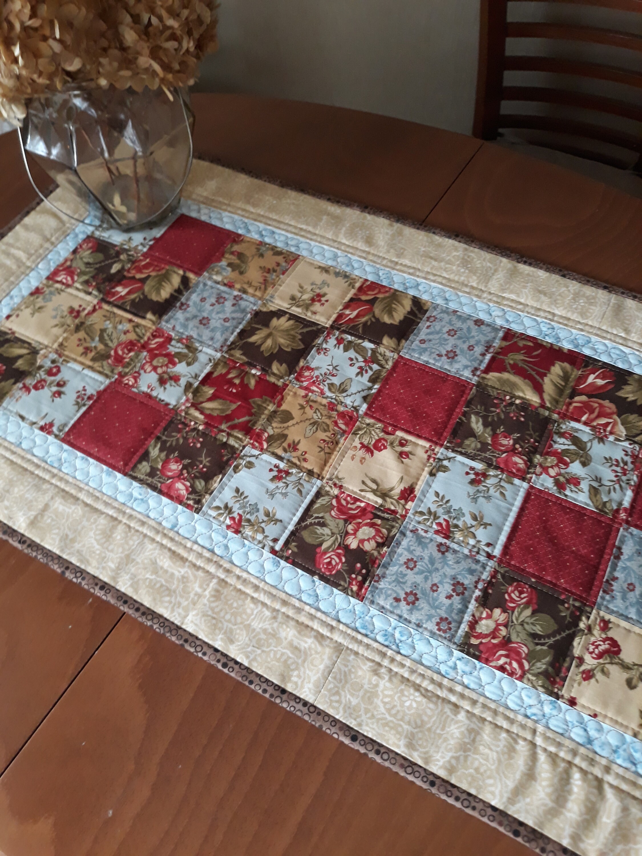 Rustic table runner red and beige table topper handmade Etsy