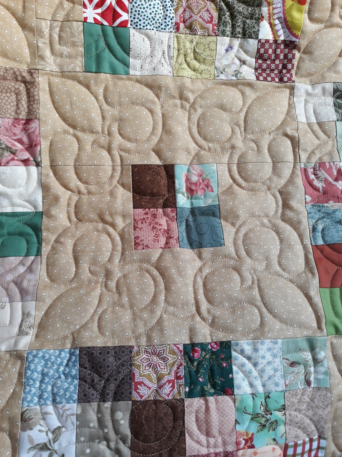 Handmade patchwork quilt for sale beige blanket queen size Etsy