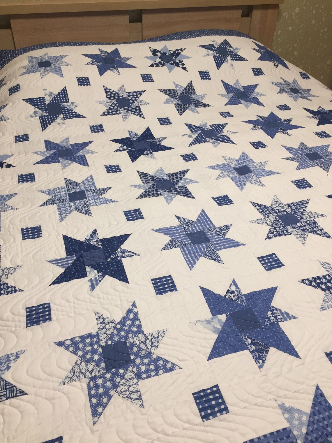 Blue stars quilt for sale queen size quilt handmade white Etsy