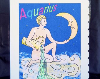 Aquarius -  5.8 X 8.3 Inches (A5) Hand Finished Birthday Card