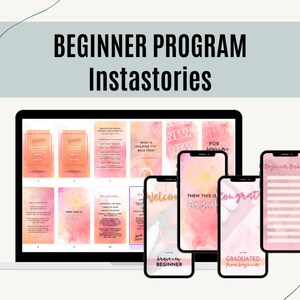 Può includere: Uno schermo di computer che mostra una bozza di un post sui social media per un programma per principianti. Il post presenta uno sfondo acquerellato rosa e arancione con il testo che dice "Benvenuto, nuovo principiante coraggioso" e "Laureato da principiante".