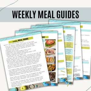 May include: A set of printable weekly meal guides with a blue and green color scheme. The guides include a sample meal plan, grocery list, prep list, and a blank template for customizing your own meal plan. The guides also include a list of snacks and a list of ingredients.
