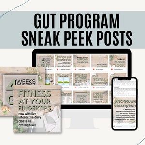 Puede incluir: Una pantalla de ordenador y un teléfono inteligente muestran publicaciones en redes sociales para un programa de fitness de 4 semanas. El programa incluye clases diarias interactivas en vivo, ciclismo y apoyo para la salud intestinal. Las publicaciones incluyen texto como "Fitness al alcance de tu mano", "La solución total", "¿Listo para empezar?" y "Descripción del programa".