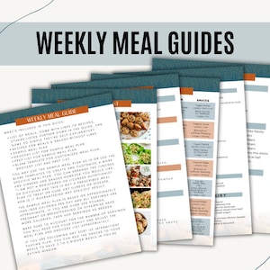 May include: A set of printable weekly meal guides with a blue and brown color scheme. The guides include a list of meals, recipes, sample meal plans, grocery lists, and prep lists. The guides also include a blank template for customizing your own meal plan.