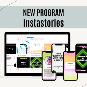 Könnte beinhalten: Ein Laptop-Bildschirm zeigt eine Website mit mehreren Mockups von Telefonbildschirmen. Die Telefonbildschirme zeigen verschiedene Designs für Social-Media-Storys, darunter ein pinkfarbenes und grünes Design mit dem Text "Sweat + Sculpt" und ein gelbes und grünes Design mit dem Text "Coming Soon".