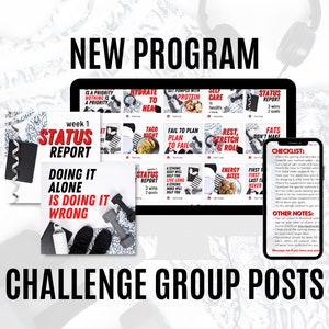 Könnte beinhalten: Ein digitaler Marketingplan für ein neues Programm mit einer Checkliste und Statusberichtskarten. Die Karten haben roten und schwarzen Text mit motivierenden Zitaten und Bildern. Der Text auf den Karten beinhaltet "Hydrate to Heal", "Get Pumped with Protein", "Self Care is Health", "Taco Night", "Fail to Plan, Plan to Fail", "Rest, Stretch & Roll", "Energy Bites", "First First Last Never", "Fats Don't Make You Fat", "A Strong Body Will Help You Live Long", "Doing it Alone is Doing it Wrong", "Status Report", "Week 1", "Week 3", "3 Wins 2 Goals", "Checklist", "Other Notes", "Message me if you have any questions".