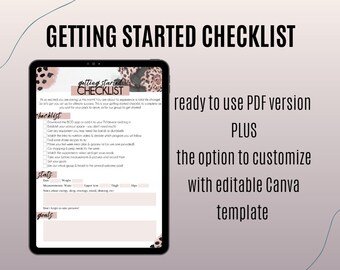 May include: A pink and black checklist titled "Getting Started Checklist" with a leopard print background. The checklist includes sections for "checklist", "stats", and "goals". The text "ready to use PDF version PLUS the option to customize with editable Canva template" is displayed on the right side of the image.