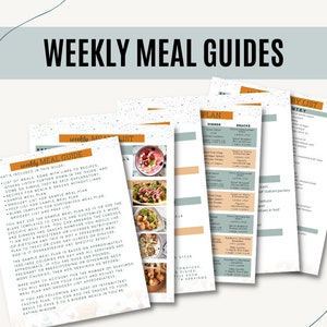 May include: A weekly meal guide with a sample meal plan, grocery list, and prep list. The guide includes recipes and tips for healthy eating.