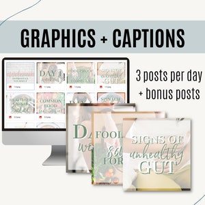 May include: A computer screen shows graphics and captions for social media posts. The text includes "Welcome, Introduce Yourself," "Day 1 Workout," and "Signs of Unhealthy Gut." Additional text reads "3 posts per day + bonus posts."