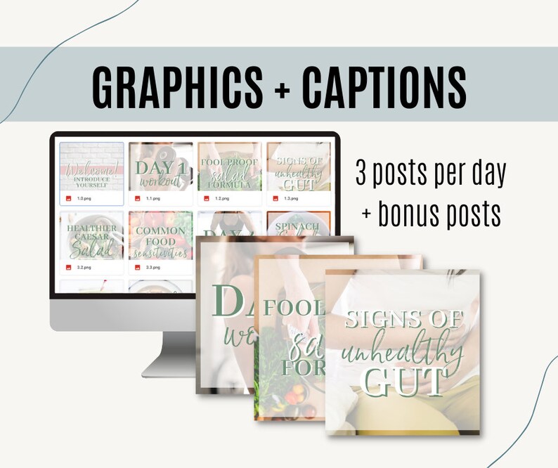May include: A computer screen shows graphics and captions for social media posts. The text includes "Welcome, Introduce Yourself," "Day 1 Workout," and "Signs of Unhealthy Gut." Additional text reads "3 posts per day + bonus posts."