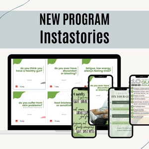 Puede incluir: Una pantalla de ordenador y cuatro teléfonos móviles muestran una serie de gráficos verdes y blancos con texto sobre la salud intestinal. El texto en la pantalla del ordenador incluye "¿Crees que tienes un intestino sano?" y "¿Alguna vez has tenido molestias o hinchazón?" El texto en los teléfonos móviles incluye "4 semanas para optimizar la salud intestinal", "10 signos de problemas intestinales" y "4 formas de arreglar tu intestino".