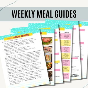 May include: A set of printable weekly meal guides with colorful backgrounds and text. The guides include a sample meal plan, grocery list, prep list, and blank templates for customizing your own meal plan. The text includes the phrase "Weekly Meal Guide".