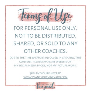 Peut inclure: Un graphique rose et blanc avec le texte "Terms of Use" en bleu. Le texte ci-dessous indique "Pour usage personnel uniquement. Ne pas distribuer, partager ou vendre &agrave; d'autres entra&icirc;neurs. En raison du temps et des efforts consacr&eacute;s &agrave; la cr&eacute;ation de ce contenu, veuillez partager mon site Web ou mes pages de m&eacute;dias sociaux, et non mon travail r&eacute;el. @plantyourvineyard www.plantyourvineyard.com Plantez votre vignoble."
