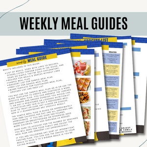 May include: A stack of colorful weekly meal guides with a blue and yellow brick pattern. The guides include a grocery list, sample meal plans, and blank templates for customized meal plans. The text "WEEKLY MEAL GUIDES" is at the top of the page.
