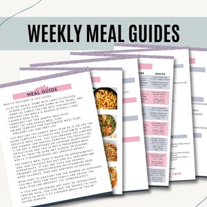 May include: A weekly meal guide with a pink and white design. The guide includes a list of meals, recipes, grocery lists, and meal plans. The text "weekly meal guide" is at the top of the page.