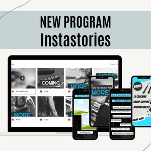 Puede incluir: Una pantalla de computadora portátil que muestra un sitio web con imágenes de un programa de acondicionamiento físico. Las imágenes incluyen un botón de reproducción, la palabra "COMING SOON" y la palabra "MORE". También hay imágenes de una pantalla de teléfono que muestra las mismas imágenes y el texto "ARE YOU READY FOR MORE?" y "Early & exclusive access STARTS SOON". La pantalla del teléfono también incluye una imagen de bonificación azul y blanca con el texto "1:1 COACHING, GROUP SUPPORT, ACCOUNTABILITY, COMING SOON!"